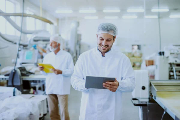 Hygenemanagement Junge lächelnde Aufsichtsperson in sterilen weissen Uniform mit Tablette