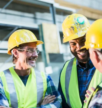 Personalvermittlung Drei multi-ethnischen Arbeiter mit Warnwesten und Arbeitshelm