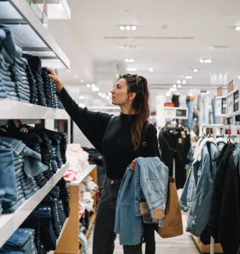 Frau Mitte 30 geht in einem Einkaufszentrum oder einem Bekleidungsgeschäft Jeans kaufen.