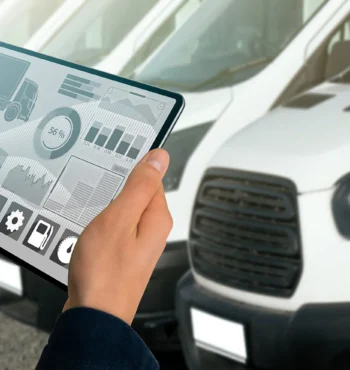 Transportdienst Manager mit einem digitalen Tablet im Hintergrund Transporter. Flottenmanagement