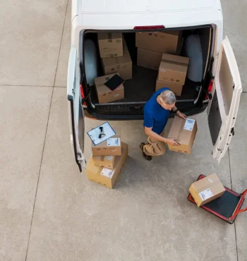 Transportdienst Zusteller der einen Karton hält und Paket für die Lieferung entlädt